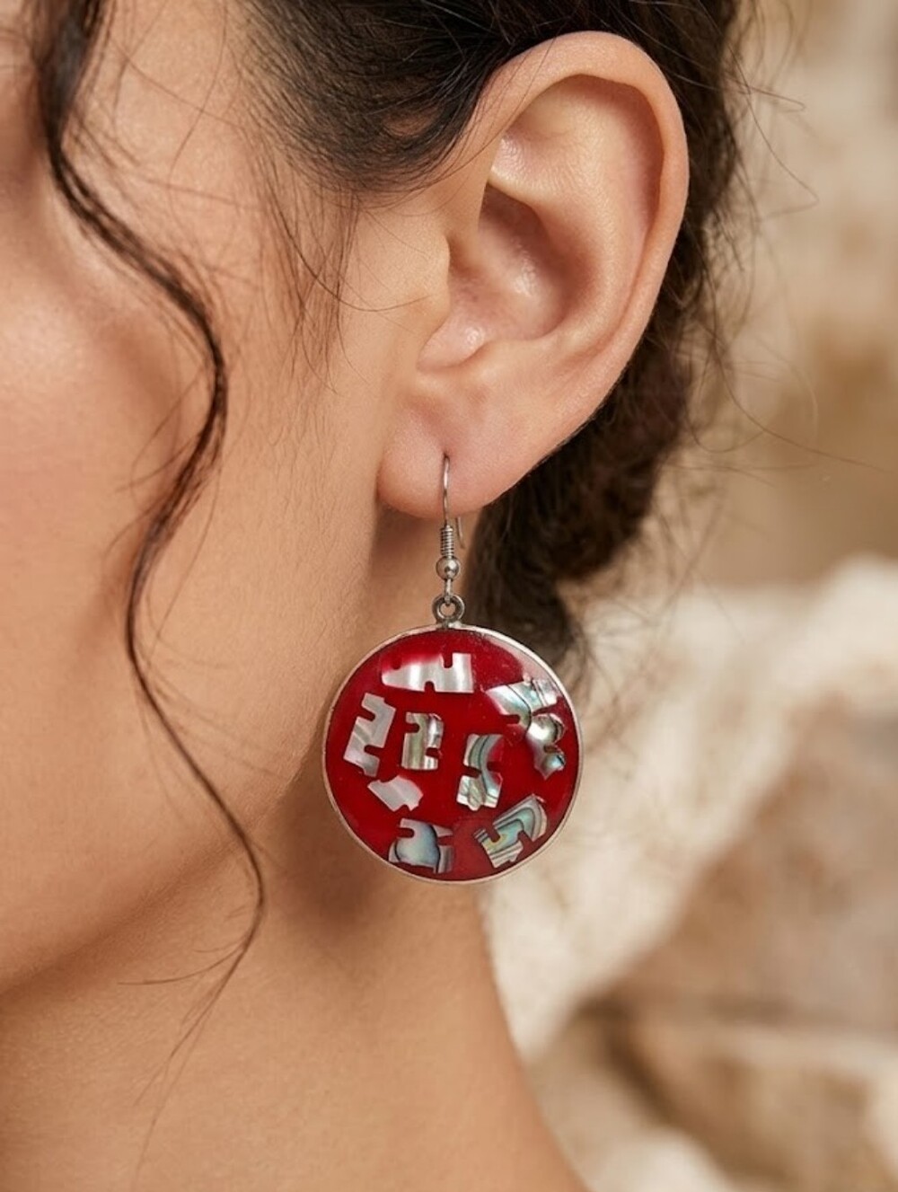 Vintage Alpaca Silver Mexico Abalone Shell Red Dangle Earrings Stamped